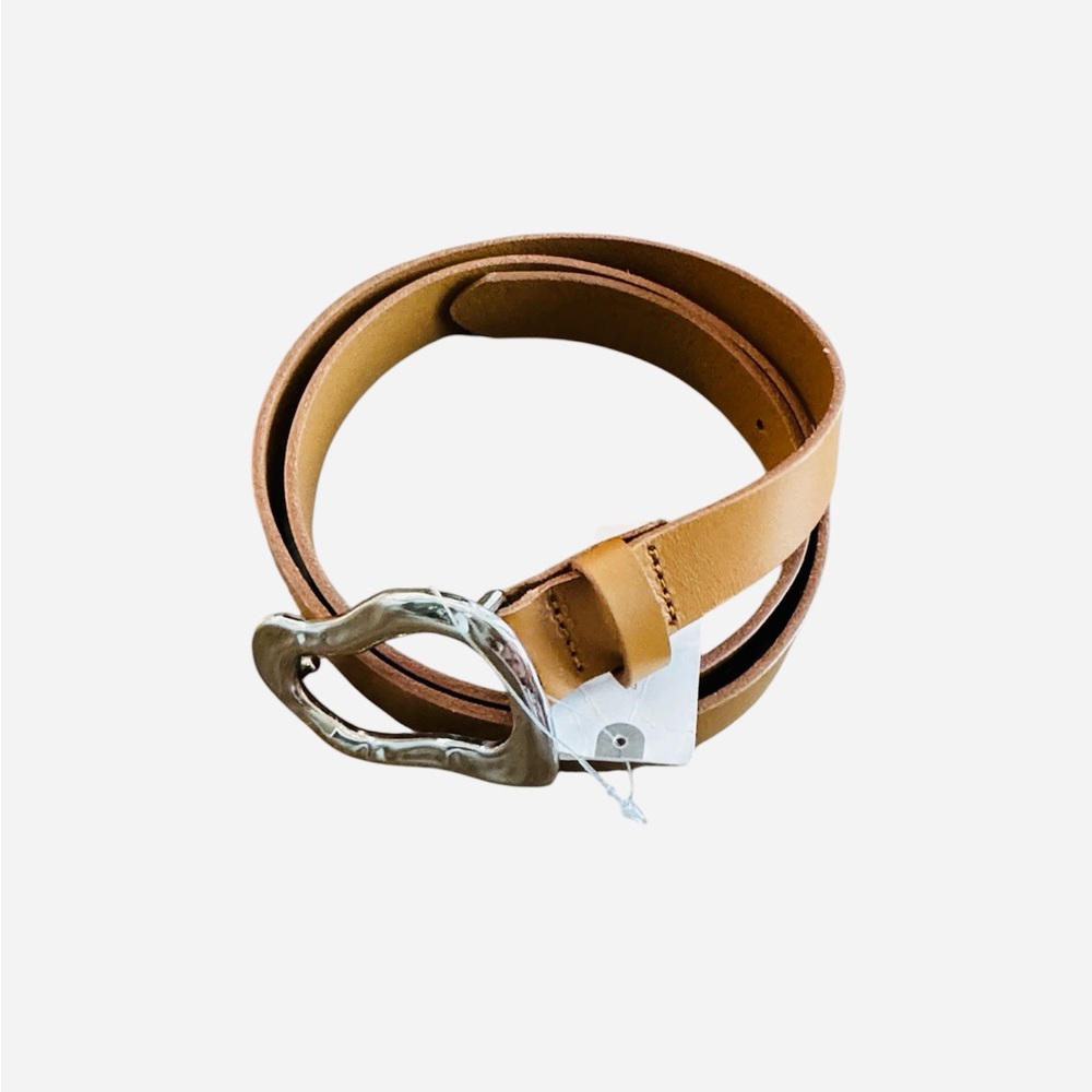 Anthropologie Linea Pelle Sculptural Buckle Leather Belt Honey Silver Size Large - Picture 3 of 10